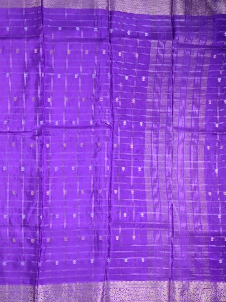 Tabby silk fancy saree purple color allover zari checks, motifs & zari border with short pallu and contrast blouse