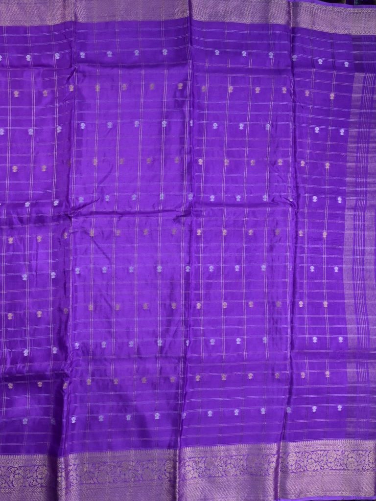 Tabby silk fancy saree purple color allover zari checks, motifs & zari border with short pallu and contrast blouse