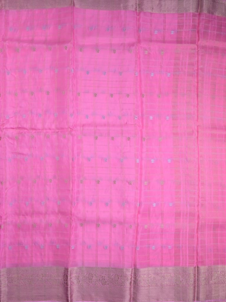 Tabby silk fancy saree baby pink color allover zari checks, motifs & zari border with short pallu and contrast blouse