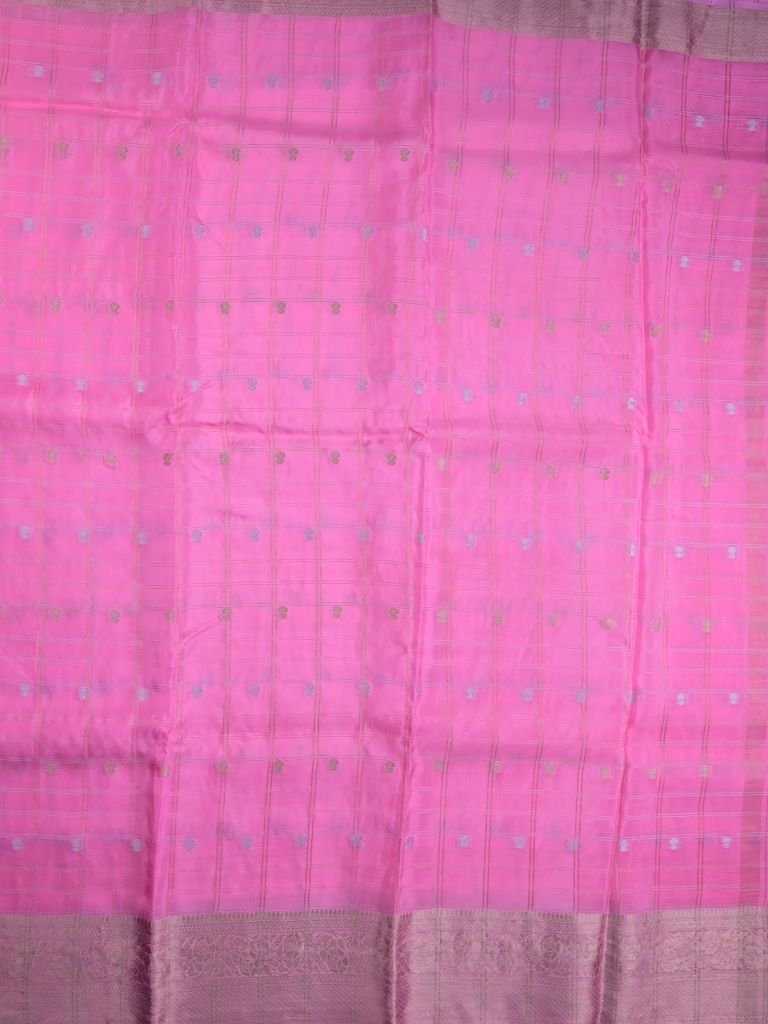 Tabby silk fancy saree baby pink color allover zari checks, motifs & zari border with short pallu and contrast blouse