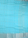 Tabby silk fancy saree sky blue color allover zari checks, motifs & zari border with short pallu and contrast blouse