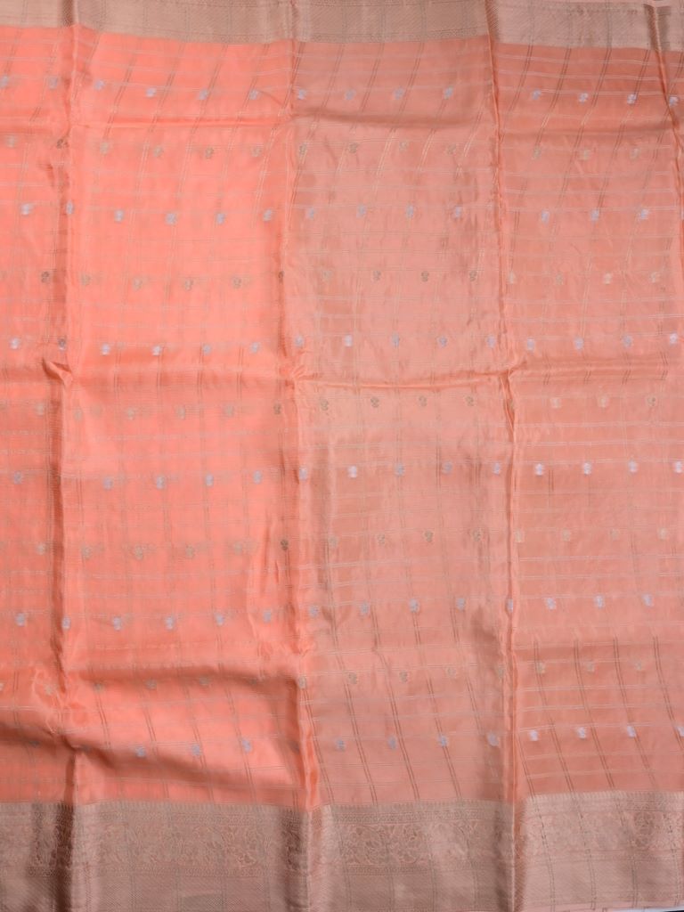 Tabby silk fancy saree peach color allover zari checks, motifs & zari border with short pallu and contrast blouse