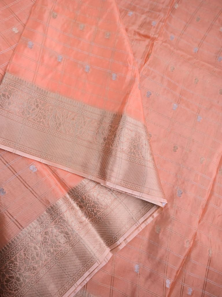 Tabby silk fancy saree peach color allover zari checks, motifs & zari border with short pallu and contrast blouse