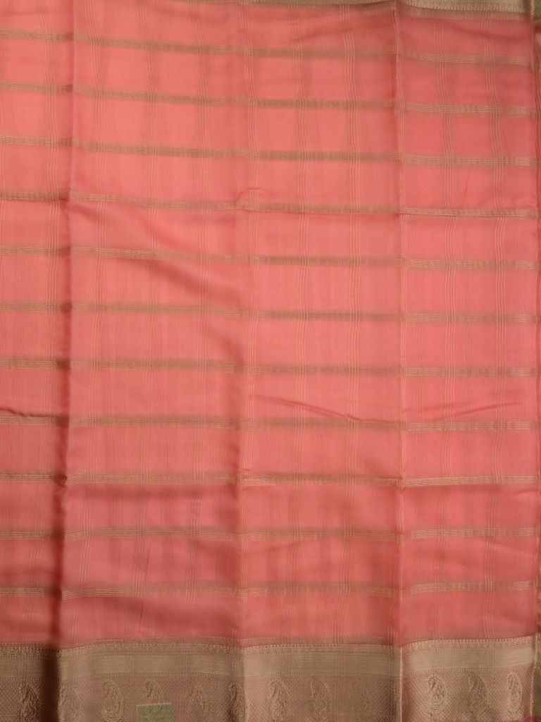 Organza fancy saree peach color allover zari stripes & zari border with short pallu and running blouse