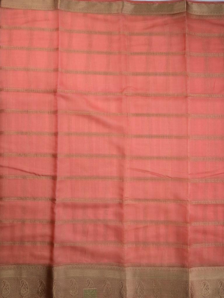 Organza fancy saree peach color allover zari stripes & zari border with short pallu and running blouse