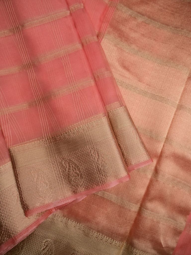 Organza fancy saree peach color allover zari stripes & zari border with short pallu and running blouse