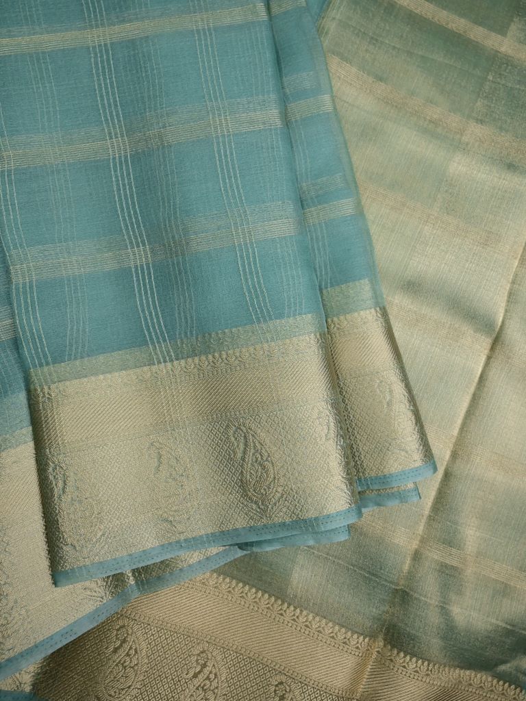 Organza fancy saree grey color allover zari stripes & zari border with short pallu and running blouse