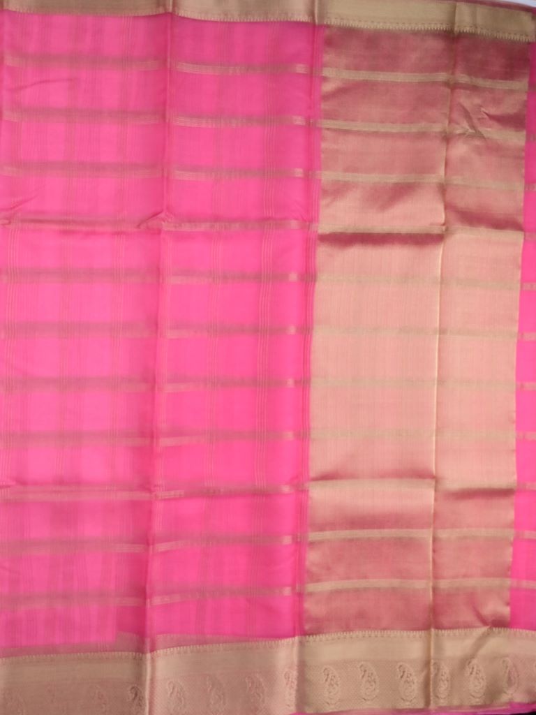 Organza fancy saree light pink color allover zari stripes & zari border with short pallu and running blouse