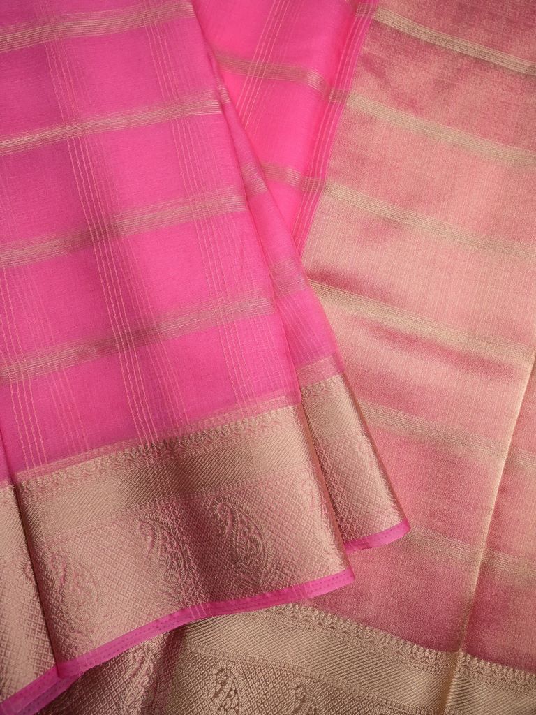 Organza fancy saree light pink color allover zari stripes & zari border with short pallu and running blouse