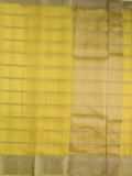 Organza fancy saree lemon yellow color allover zari stripes & zari border with short pallu and running blouse