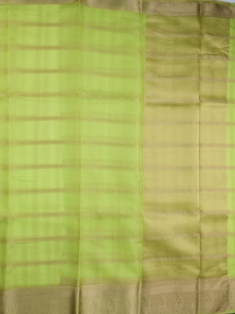 Organza fancy saree light parrot green color allover zari stripes & zari border with short pallu and running blouse