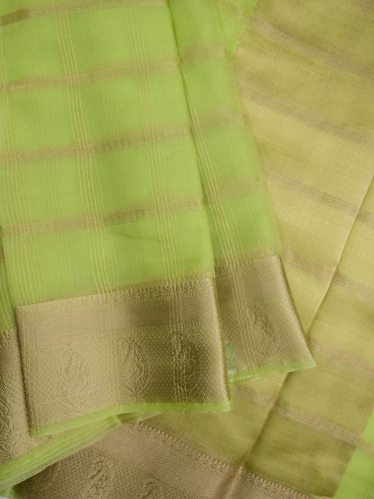 Organza fancy saree light parrot green color allover zari stripes & zari border with short pallu and running blouse