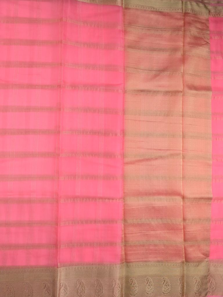 Organza fancy saree baby pink color allover zari stripes & zari border with short pallu and running blouse