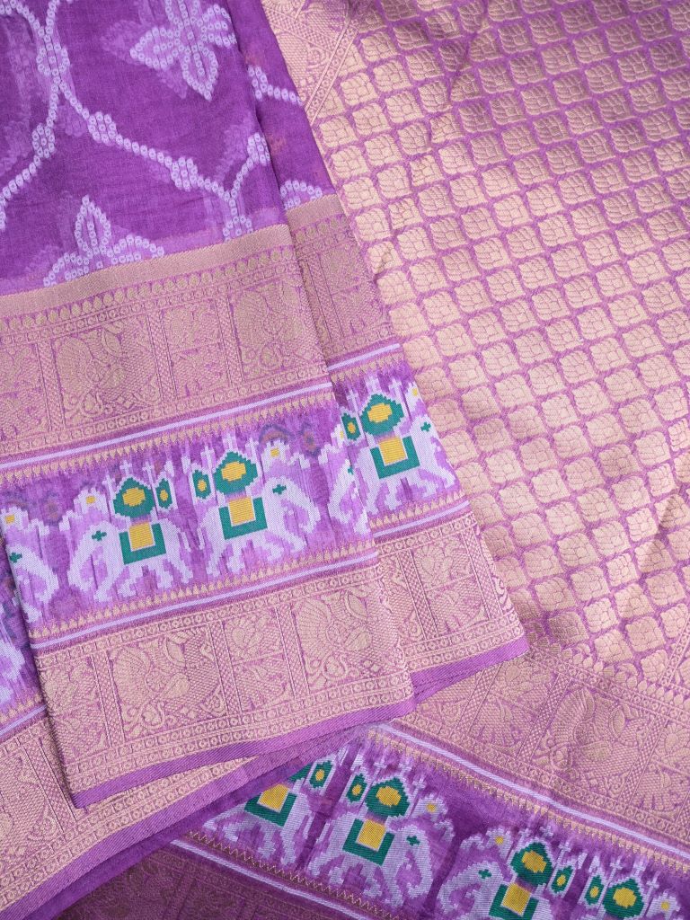 Dupion fancy saree purple color allover zari weaves & ikkath zari border with rich pallu and attached self blouse