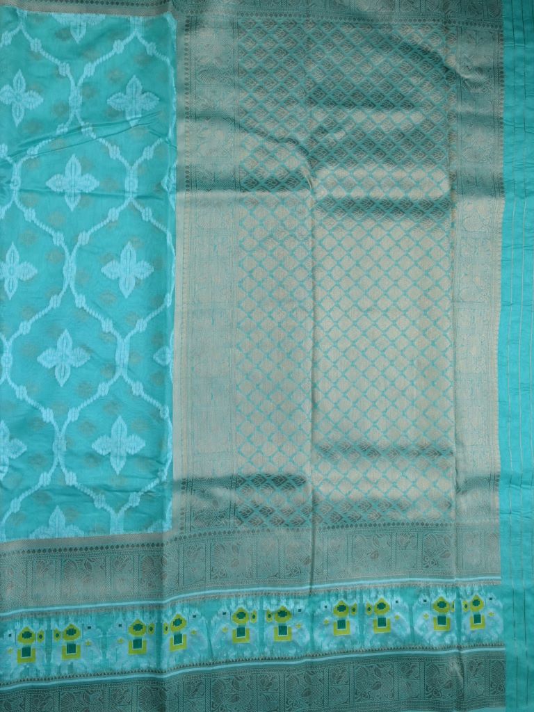 Dupion fancy saree sky blue color allover zari weaves & ikkath zari border with rich pallu and attached self blouse