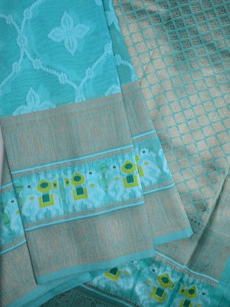 Dupion fancy saree sky blue color allover zari weaves & ikkath zari border with rich pallu and attached self blouse