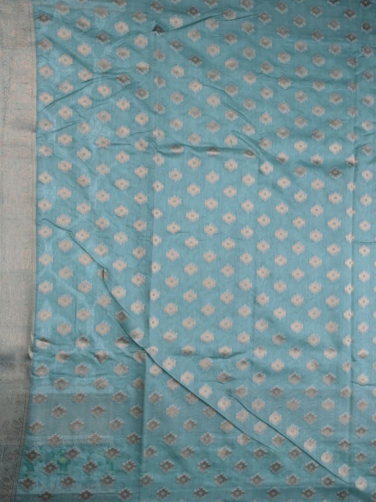 Dupion fancy saree sea blue color allover zari weaves & ikkath zari border with rich pallu and attached self blouse