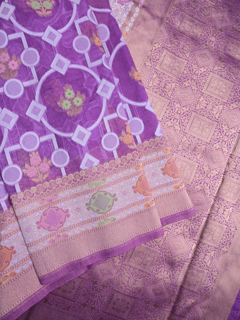 Dupion fancy saree purple color allover zari weaves & zari border with rich pallu and attached plain blouse