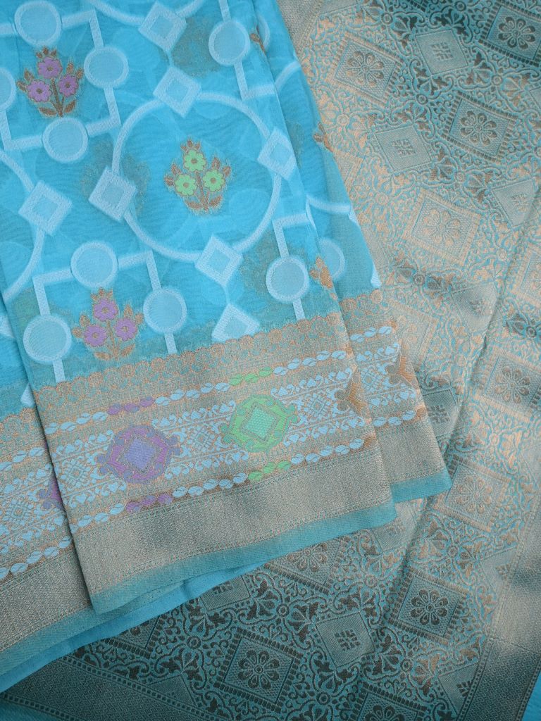 Dupion fancy saree sky blue color allover zari weaves & zari border with rich pallu and attached plain blouse