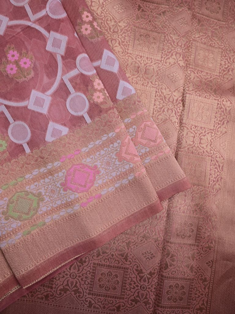 Dupion fancy saree light magenta color allover zari weaves & zari border with rich pallu and attached plain blouse