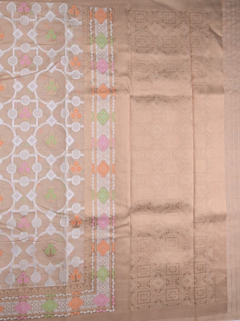 Dupion fancy saree beige color allover zari weaves & zari border with rich pallu and attached plain blouse