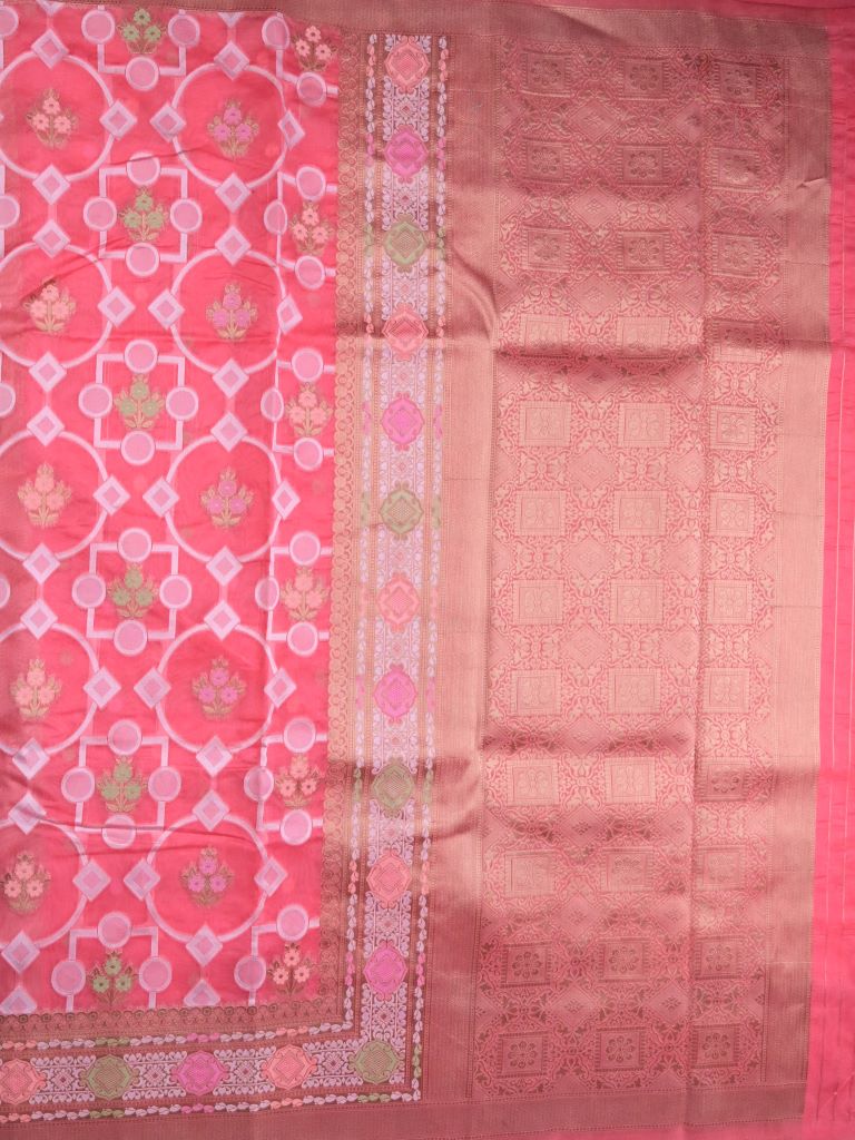 Dupion fancy saree pink color allover zari weaves & zari border with rich pallu and attached plain blouse