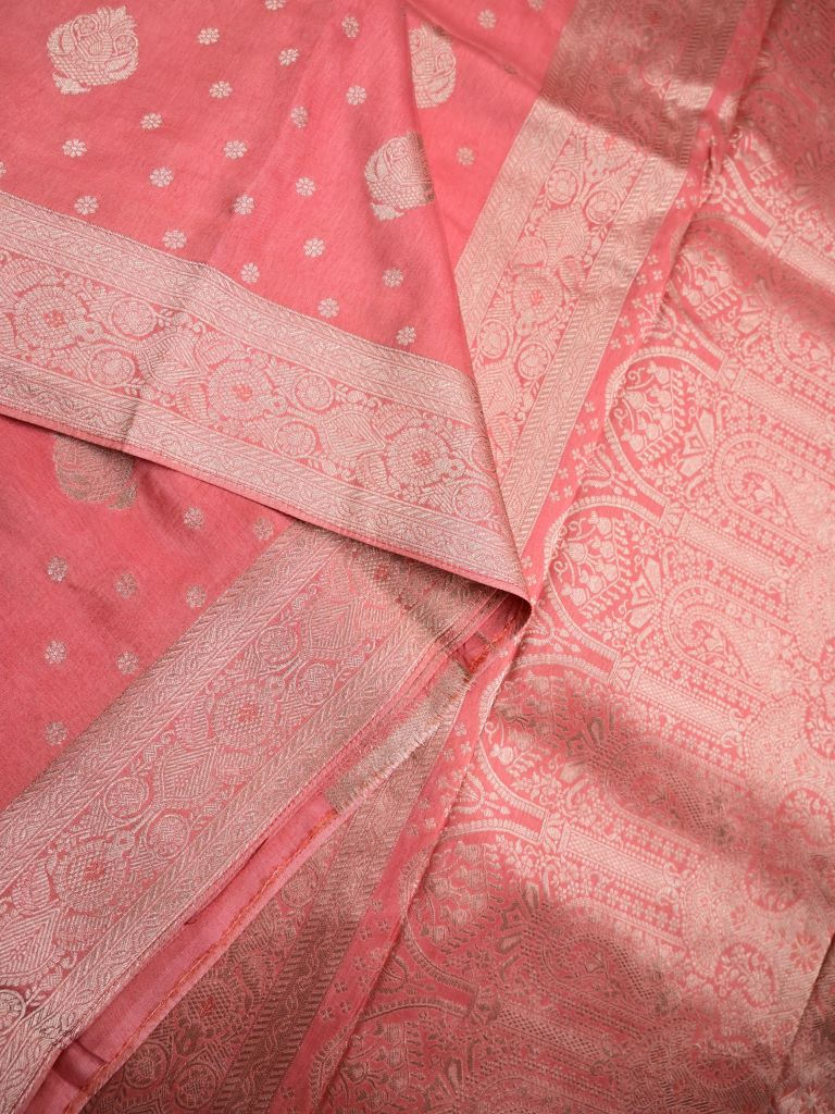 Dola silk fancy saree coral pink color allover zari weaves & zari border with rich pallu and attached plain blouse