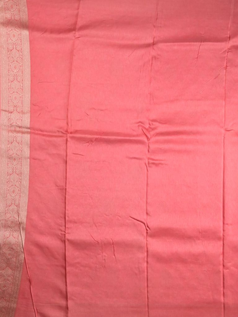 Dola silk fancy saree coral pink color allover zari weaves & zari border with rich pallu and attached plain blouse