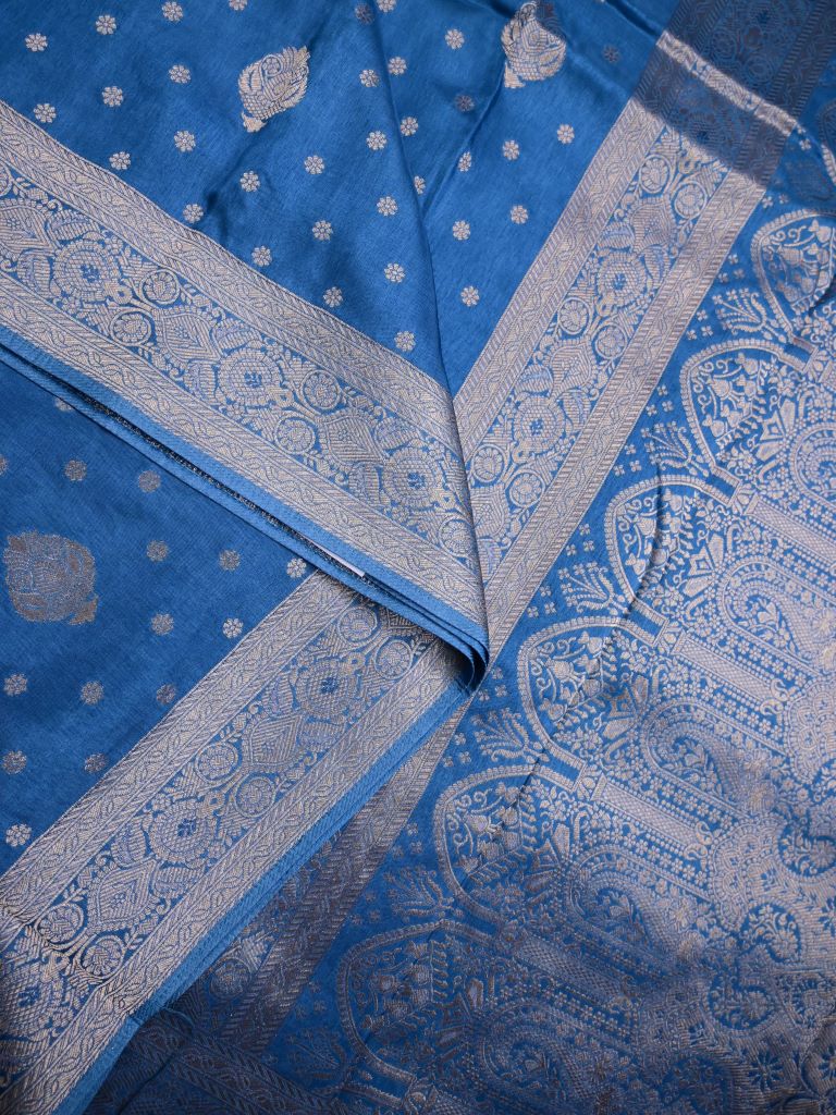 Dola silk fancy saree sky blue color allover zari weaves & zari border with rich pallu and attached plain blouse