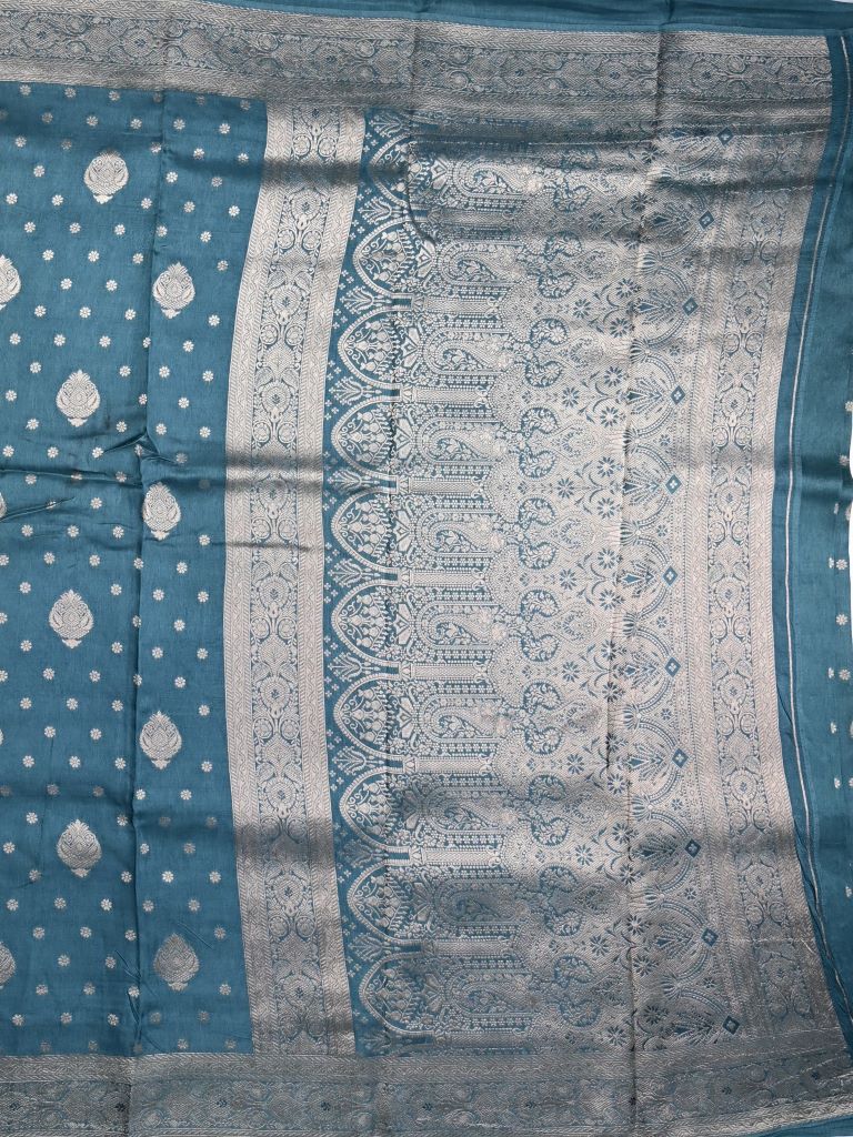 Dola silk fancy saree indigo color allover zari weaves & zari border with rich pallu and attached plain blouse