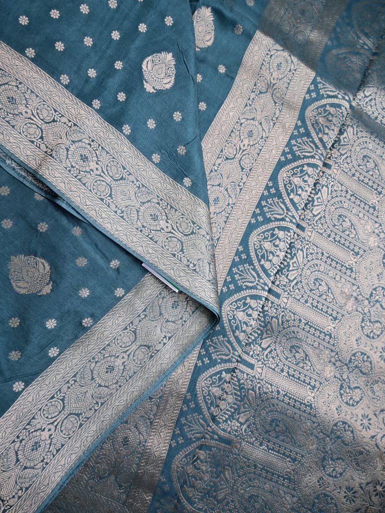 Dola silk fancy saree indigo color allover zari weaves & zari border with rich pallu and attached plain blouse