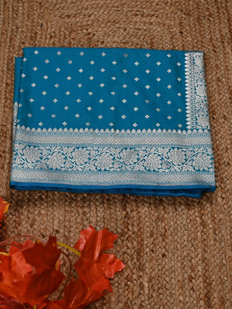 Banaras pattu saree sea blue color allover small zari motives & zari weaving border with rich pallu and plain blouse
