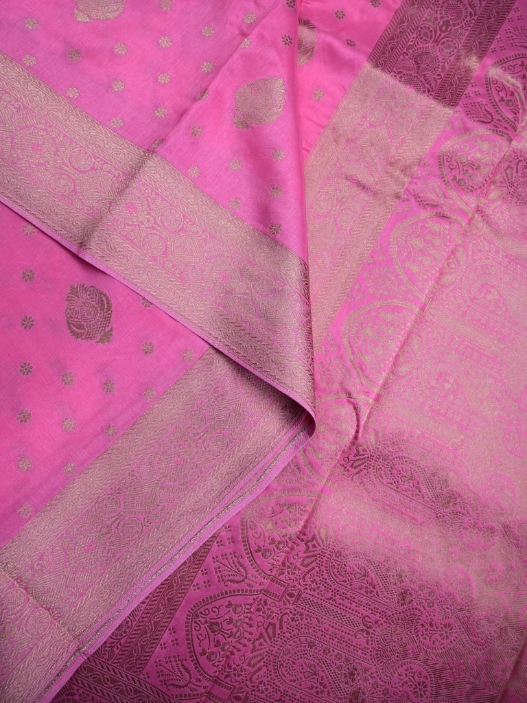 Dola silk fancy saree light pink color allover zari weaves & zari border with rich pallu and attached plain blouse