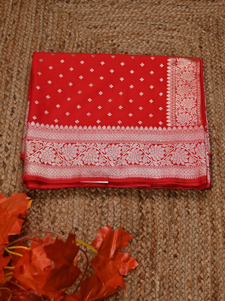 Banaras pattu saree red color allover small zari motives & zari weaving border with rich pallu and plain blouse