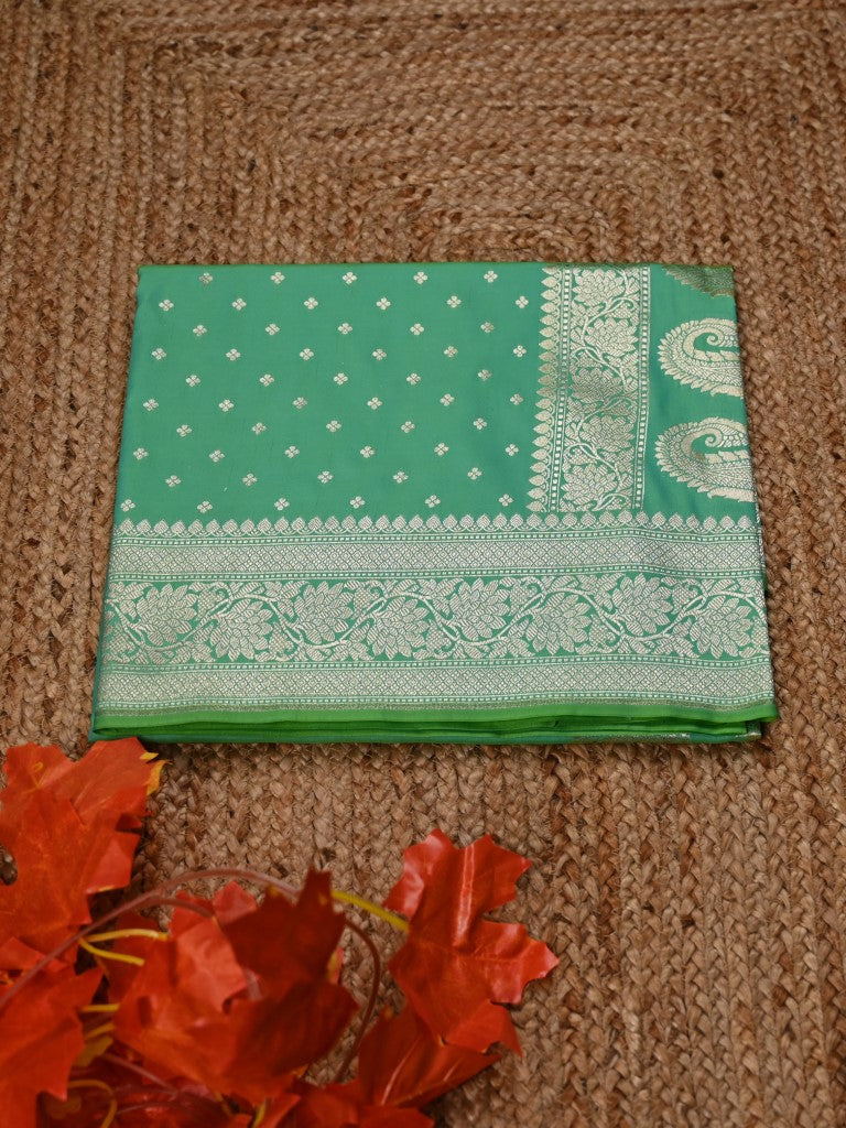 Banaras pattu saree sea green color allover small zari motives & zari weaving border with rich pallu and plain blouse
