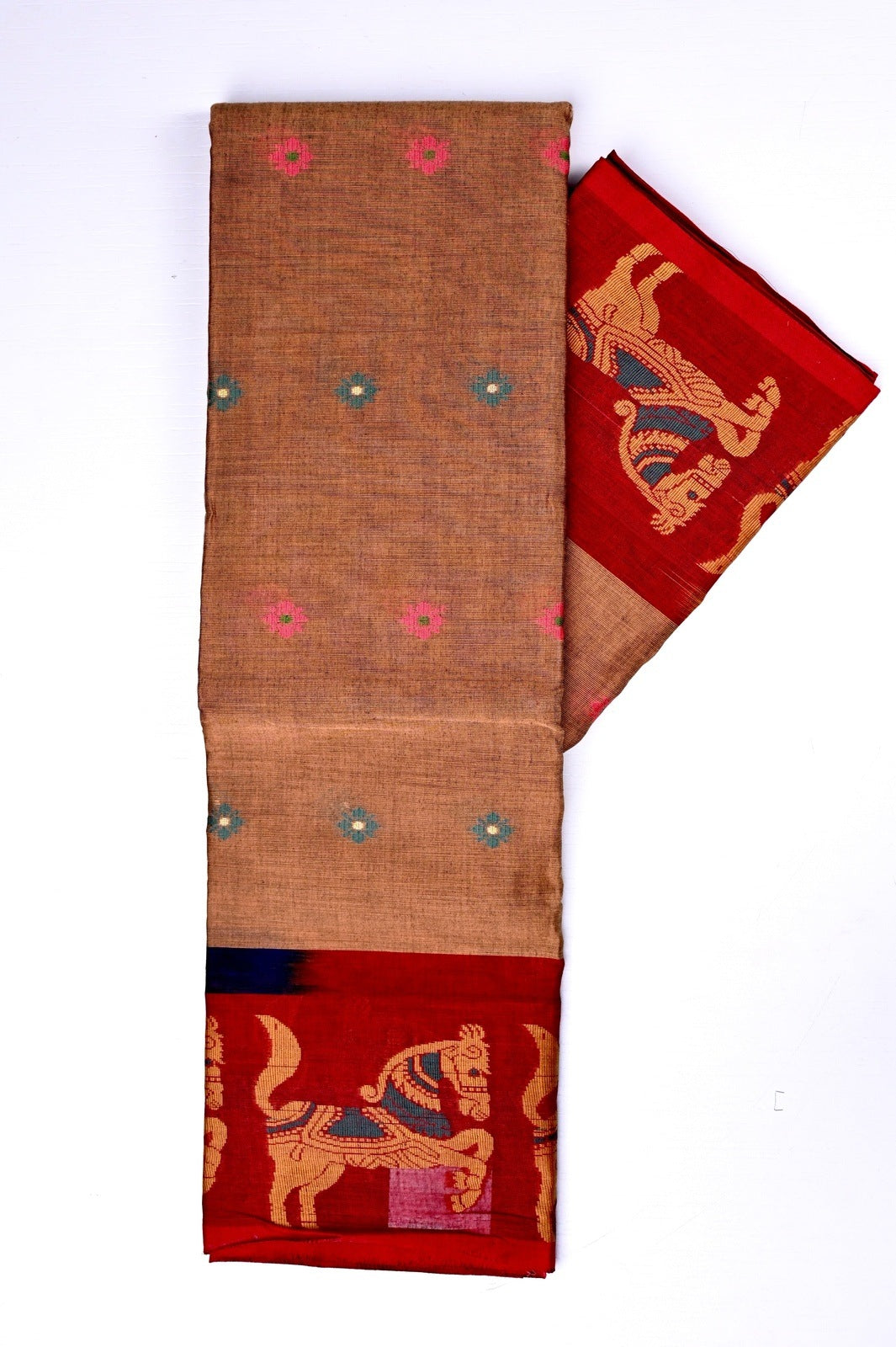 Dhaka cotton saree dark cream and maroon color with allover thread motives, thread border, contrast pallu and running blouse.
