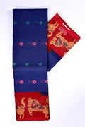 Dhaka cotton saree blue and maroon color with allover thread motives, thread border, contrast pallu and running blouse.