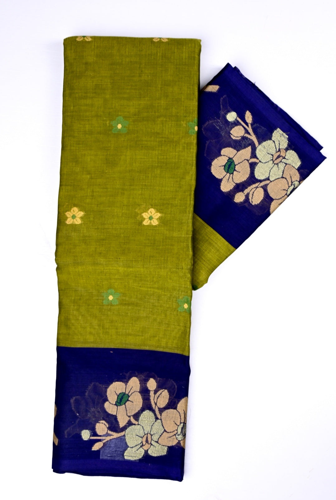 Dhaka cotton light green and blue color with allover thread motives, thread border, contrast pallu and running blouse.