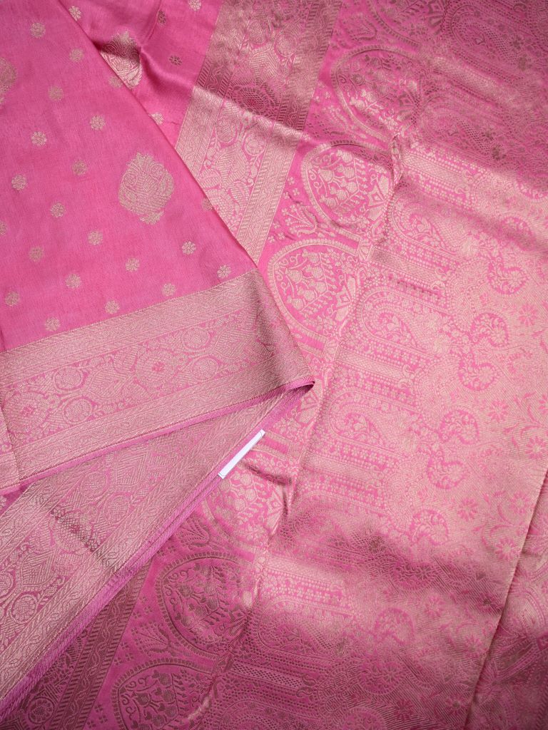 Dola silk fancy saree rose pink color allover zari weaves & zari border with rich pallu and attached plain blouse