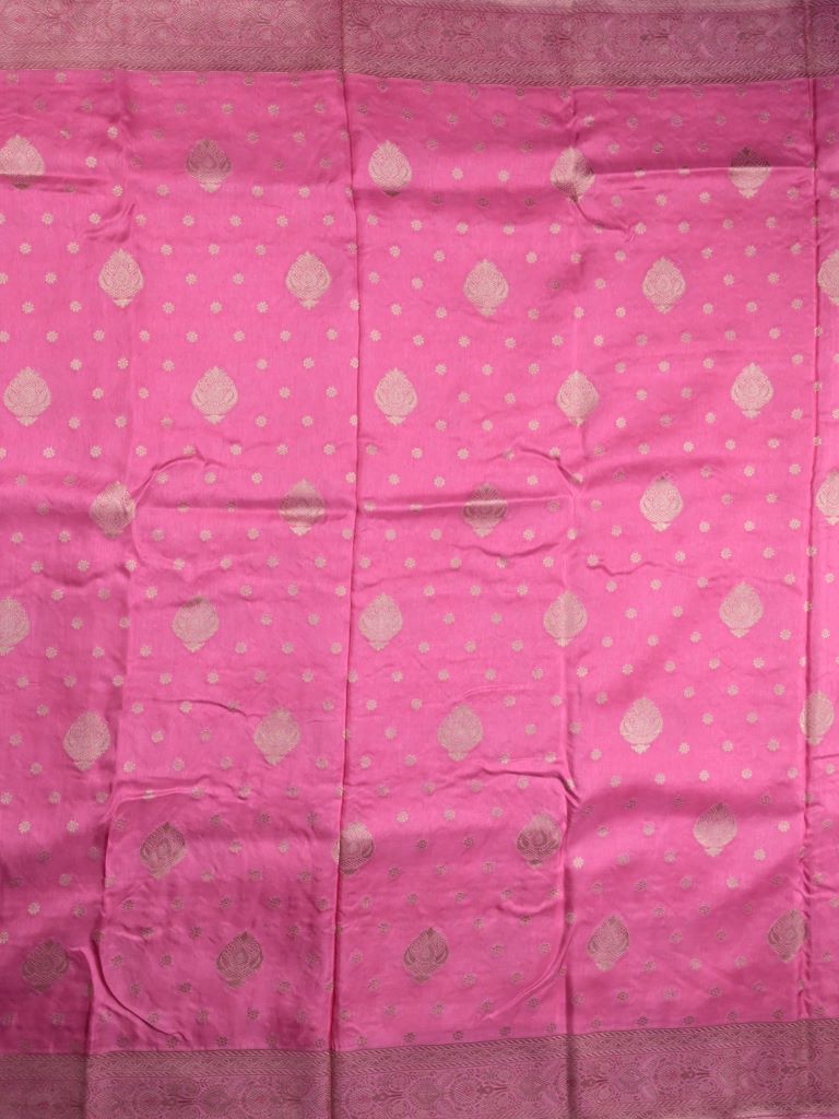 Dola silk fancy saree rose pink color allover zari weaves & zari border with rich pallu and attached plain blouse