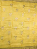 Dola silk fancy saree golden yellow color allover zari weaves & zari border with rich pallu and attached plain blouse