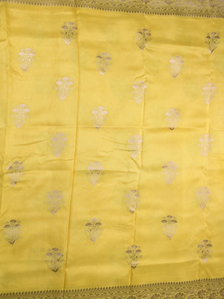 Dola silk fancy saree golden yellow color allover zari weaves & zari border with rich pallu and attached plain blouse