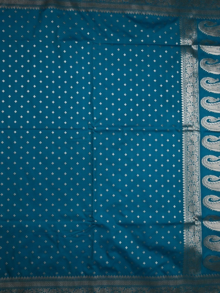 Banaras pattu saree sea blue color allover small zari motives & zari weaving border with rich pallu and plain blouse