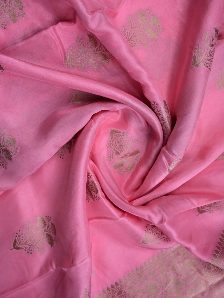 Dola silk fancy saree baby pink color allover zari weaves & zari border with rich pallu and attached plain blouse