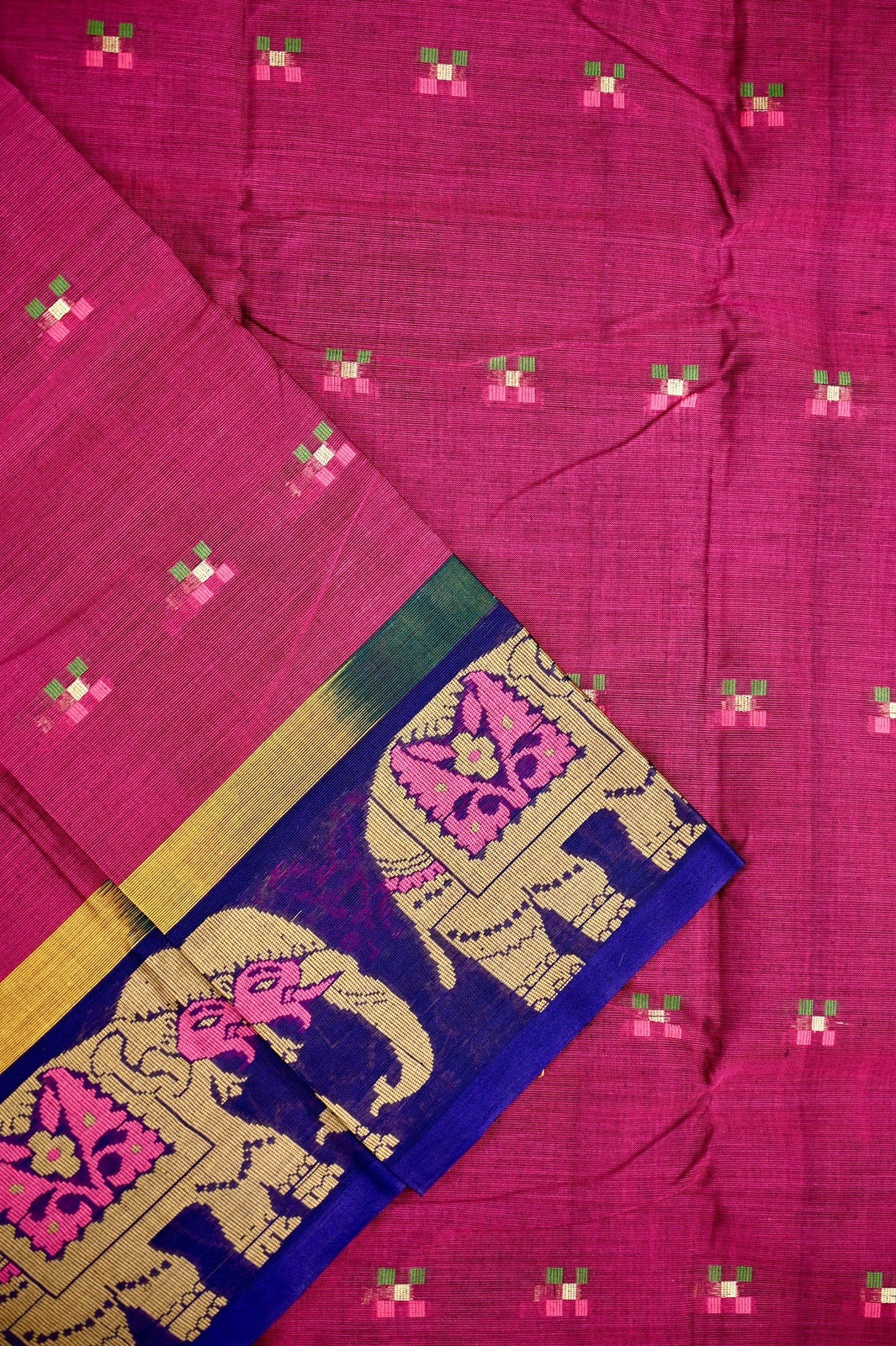Dhaka cotton magenta pink and blue color with allover thread motives, thread border, contrast pallu and running blouse.