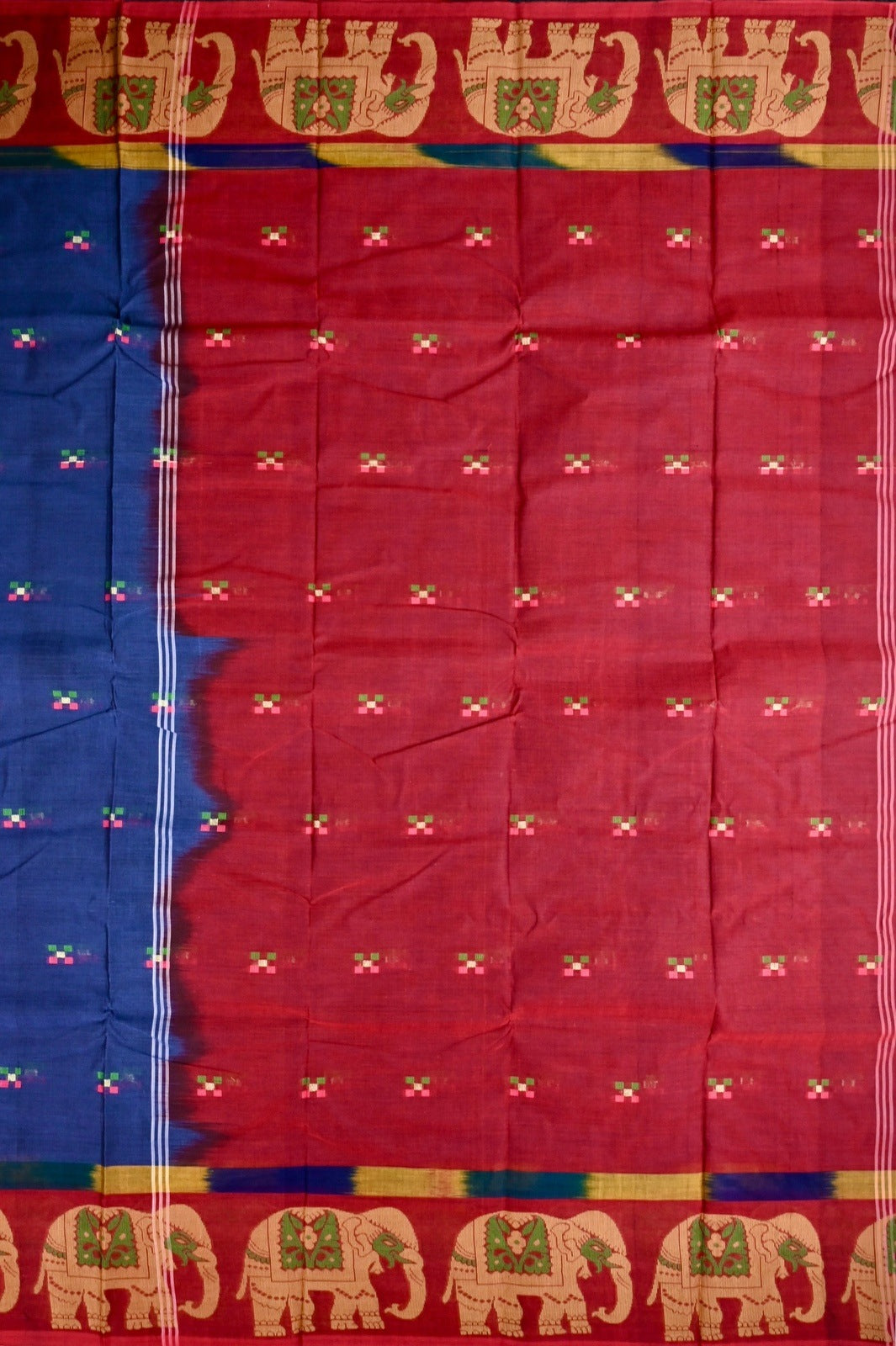 Dhaka cotton blue and red color with allover thread motives, thread border, contrast pallu and running blouse.