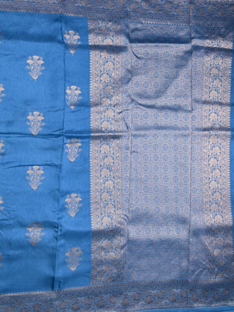 Dola silk fancy saree sky blue color allover zari weaves & zari border with rich pallu and attached plain blouse