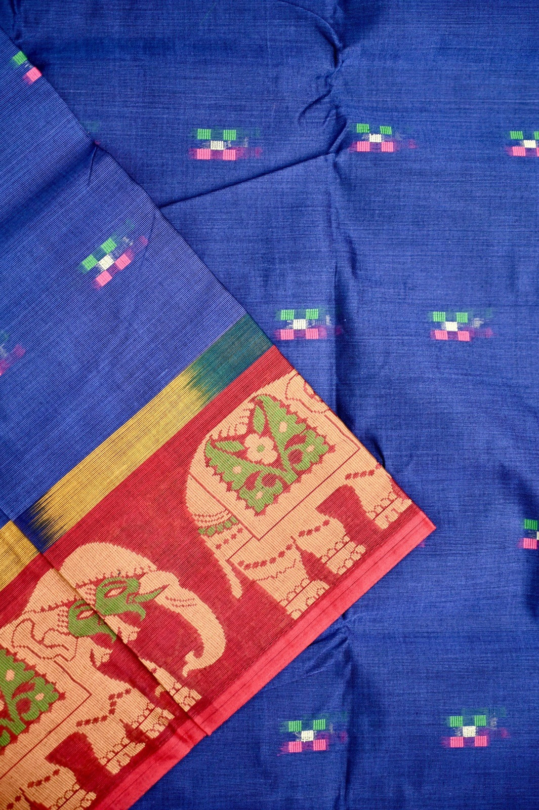 Dhaka cotton blue and red color with allover thread motives, thread border, contrast pallu and running blouse.