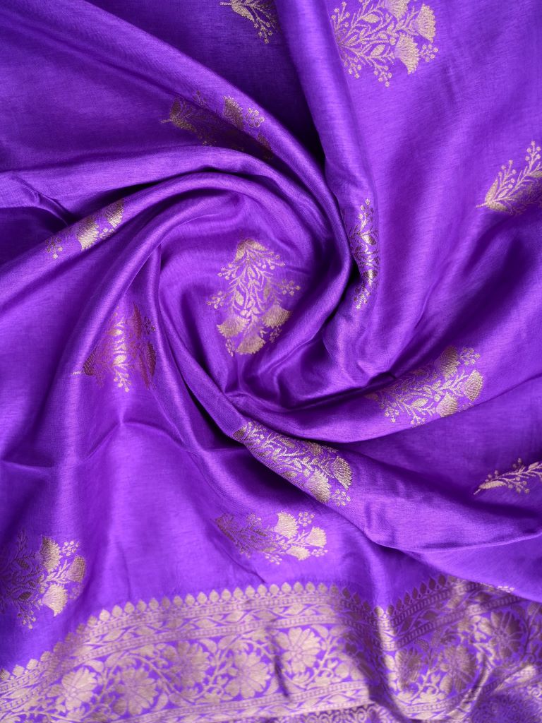 Dola silk fancy saree purple color allover zari weaves & zari border with rich pallu and attached plain blouse