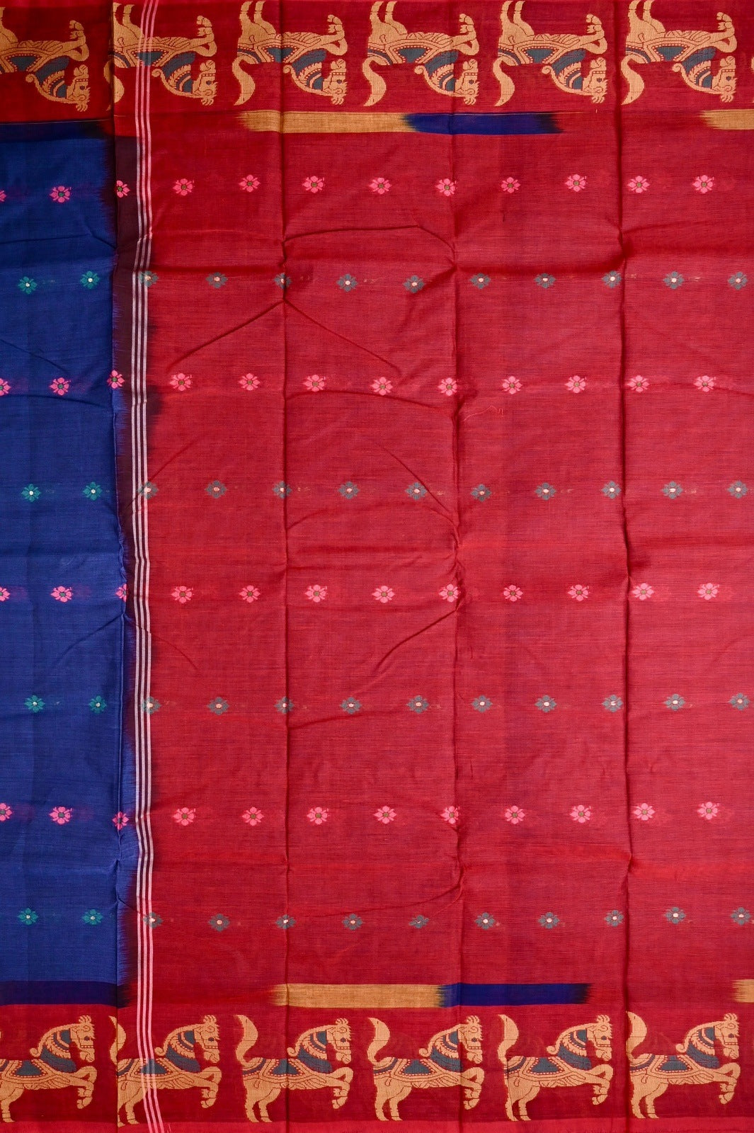 Dhaka cotton saree blue and maroon color with allover thread motives, thread border, contrast pallu and running blouse.